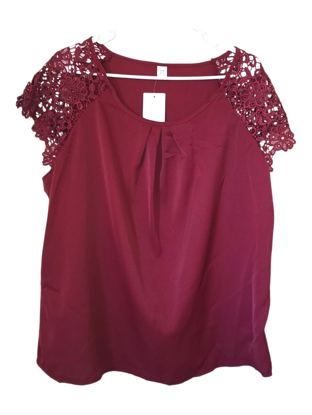 Women’s Crochet Sleeve Pleat Front Top - Burgundy Large Plus